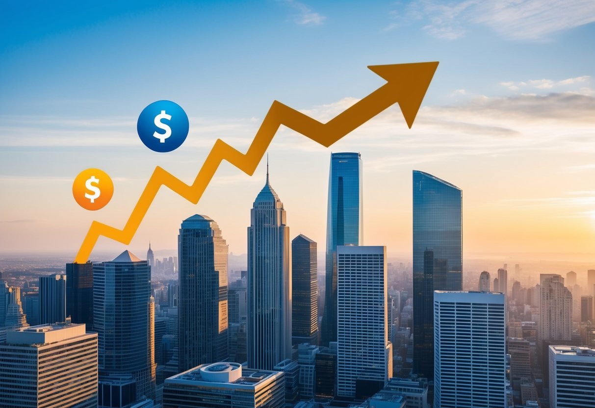 A bustling city skyline with two merging company logos and a large arrow pointing upward, symbolizing growth and financial impact