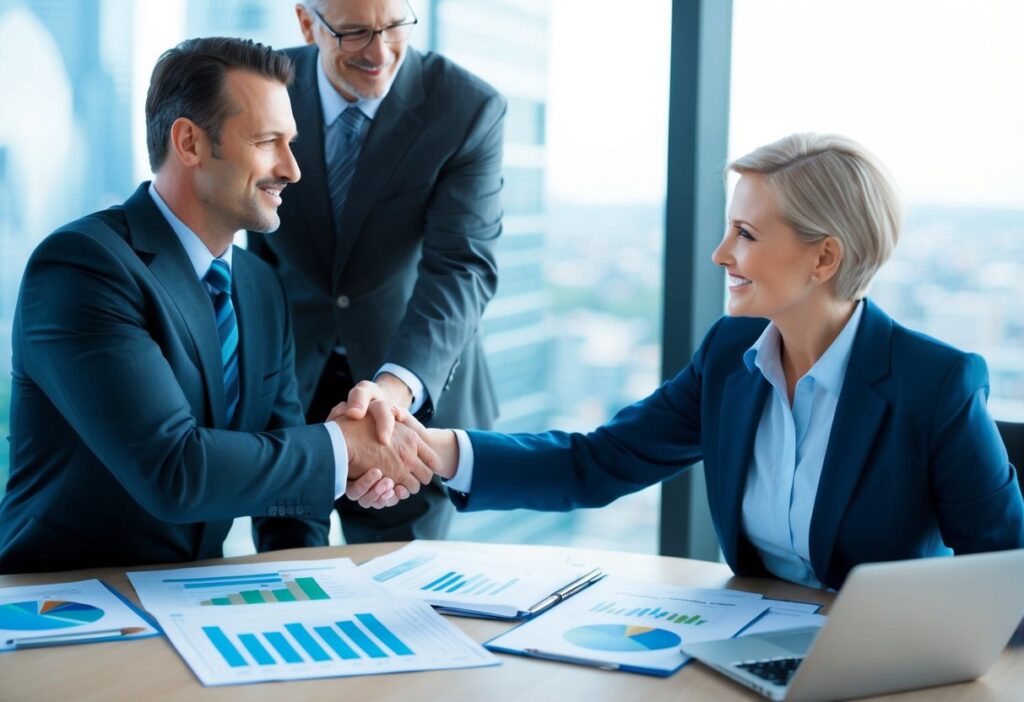 A business owner shaking hands with a financial advisor, surrounded by charts and graphs, while discussing business acquisition financing