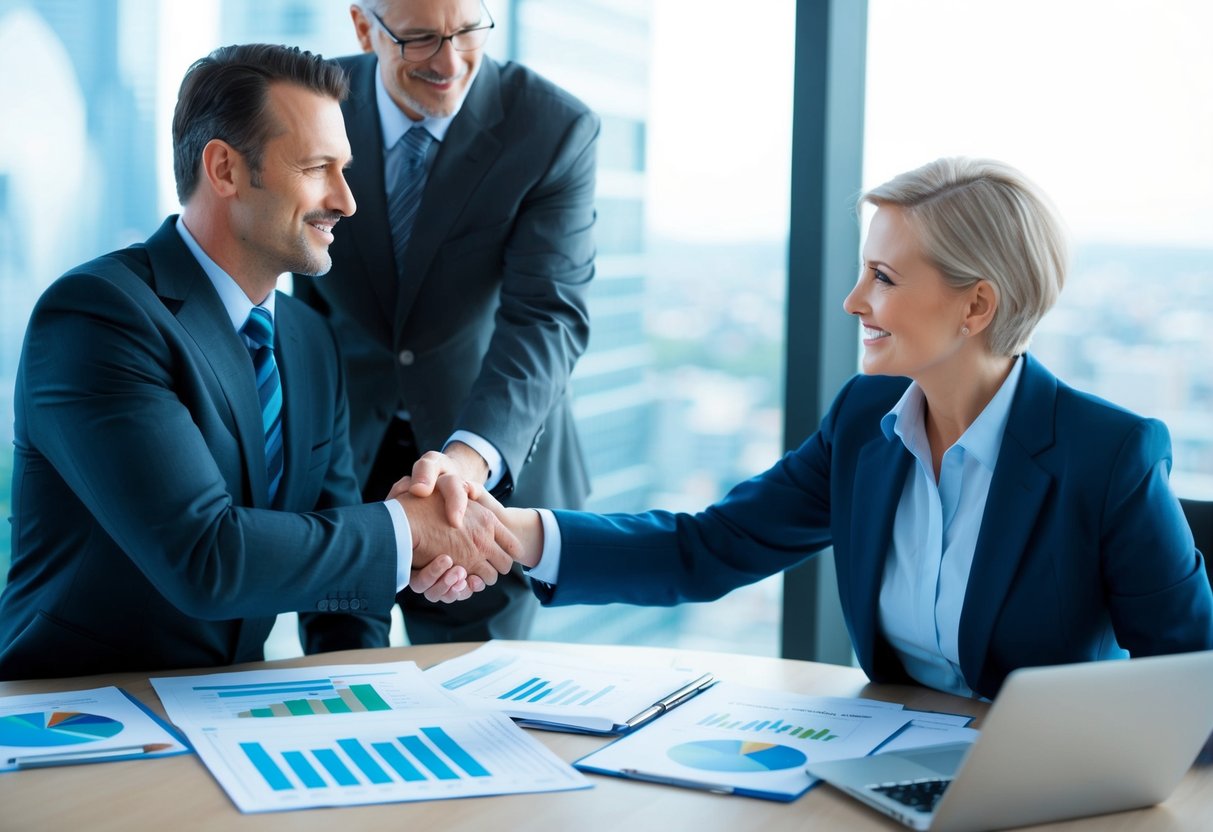 A business owner shaking hands with a financial advisor, surrounded by charts and graphs, while discussing business acquisition financing
