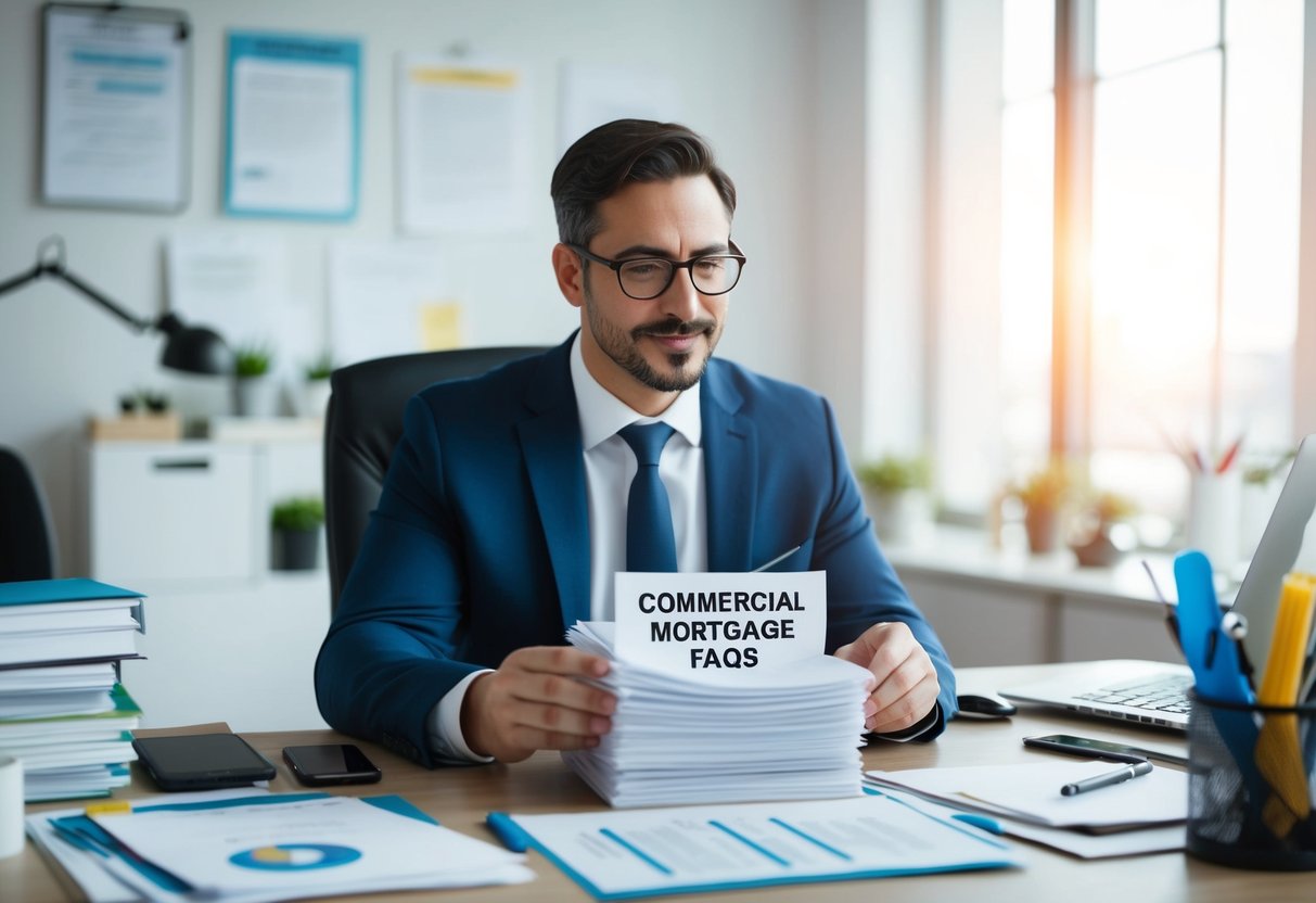 A business owner reading a stack of papers labeled "Commercial Mortgage FAQs" with a thoughtful expression, surrounded by a cluttered desk and office supplies