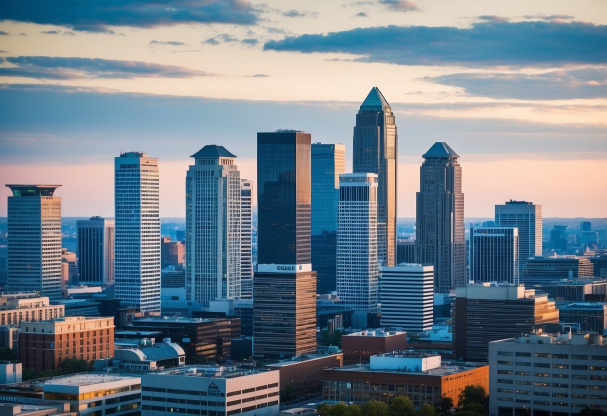 A bustling city skyline with various buildings, showcasing the diversity of businesses and financial institutions.