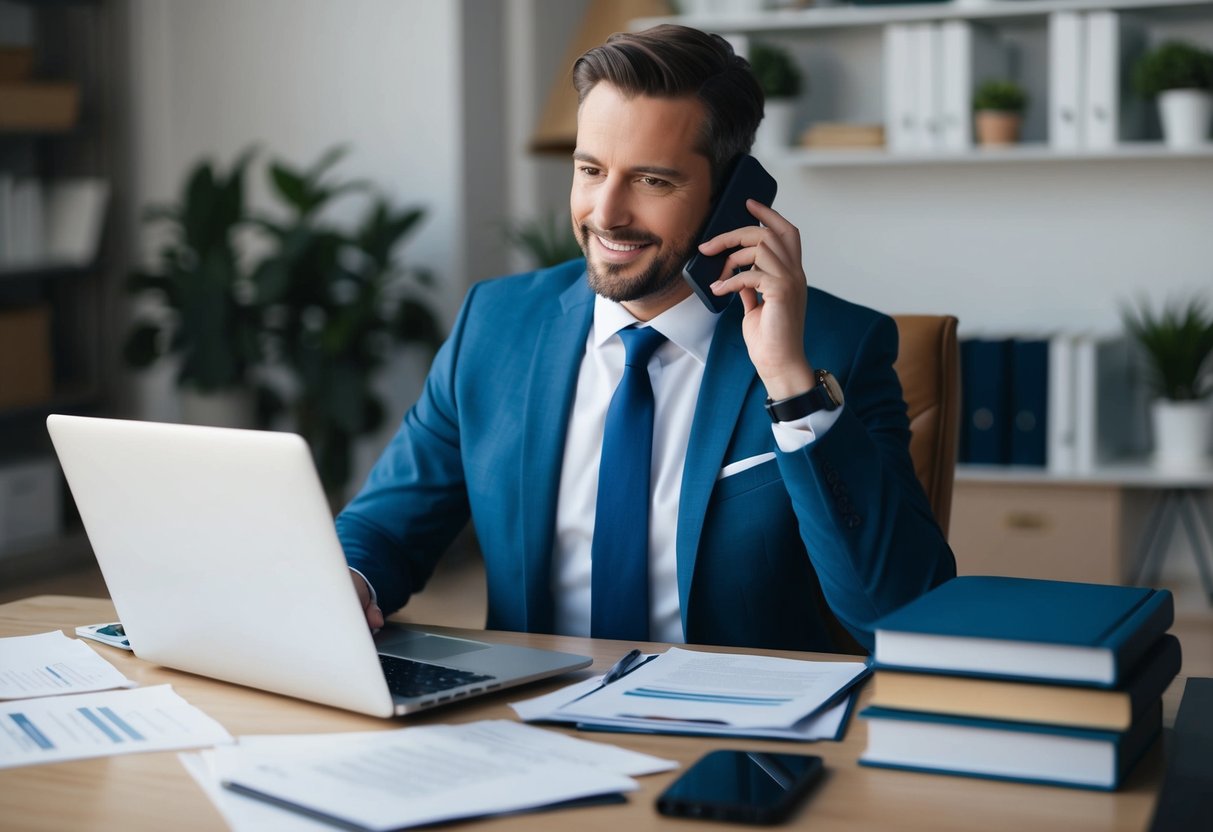 A business owner sitting at a desk with a laptop, surrounded by papers and a stack of books, while speaking on the phone with a mortgage broker