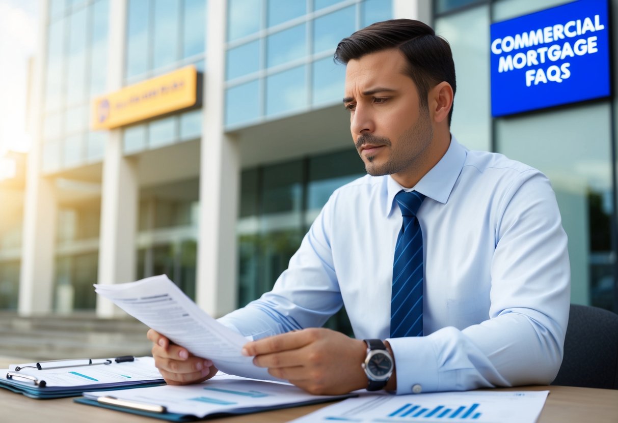 A business owner studying documents and spreadsheets with a concerned expression, while a bank building and "Commercial Mortgage FAQs" sign are visible in the background