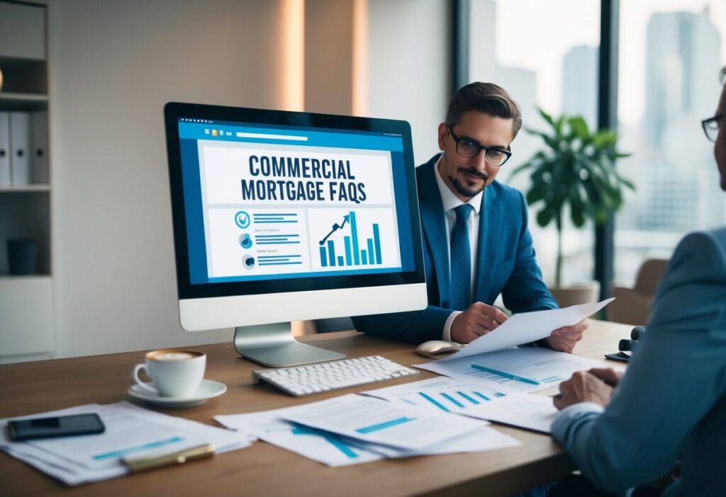 A business owner researching commercial mortgage FAQs on a computer, surrounded by paperwork and a cup of coffee