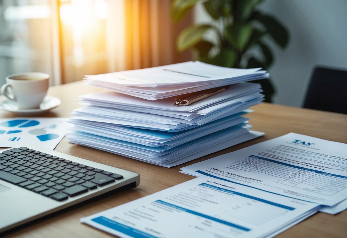 A desk with a stack of documents including tax returns, financial statements, and property information