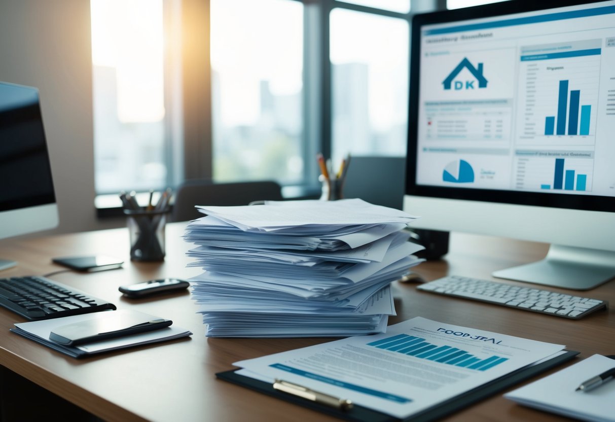A desk with a stack of documents ready for a Commercial Mortgage Application, including financial statements, property information, and legal documents, surrounded by a computer and office supplies