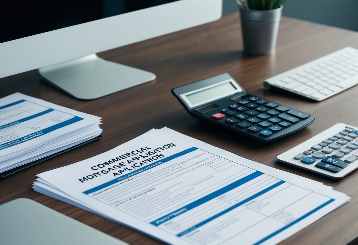 A desk with a computer, calculator, and paperwork spread out. A stack of documents labeled "Commercial Mortgage Application" sits ready to be organized