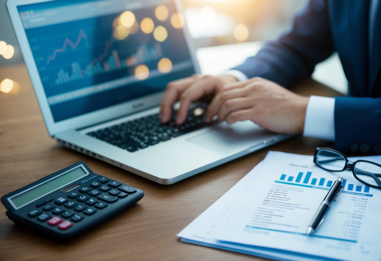 A desk with a laptop, financial documents, and a calculator. A pen and a pair of glasses are also on the desk