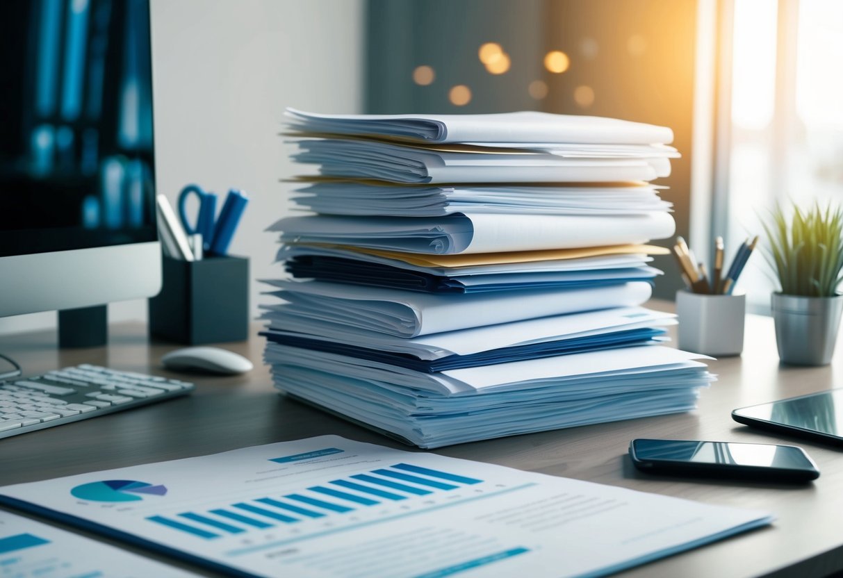 A desk with a stack of documents, including financial statements, property details, and loan agreements, surrounded by a computer and office supplies