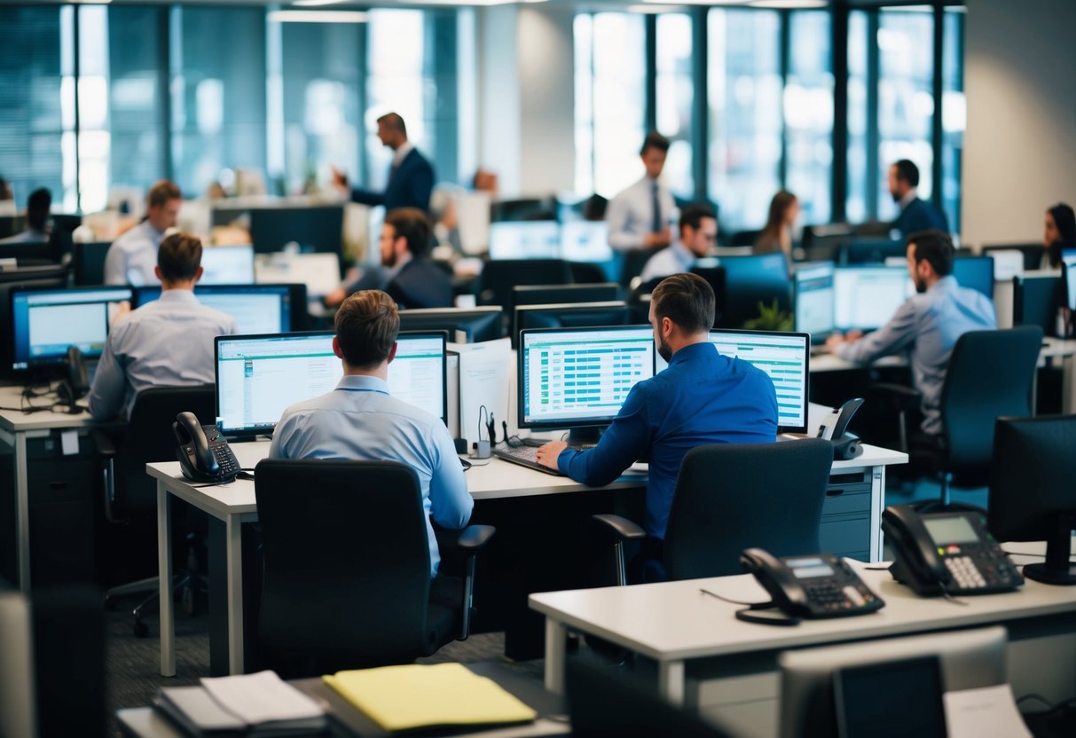 A bustling office with employees working at their desks, phones ringing, and a sense of urgency as they manage day-to-day operations