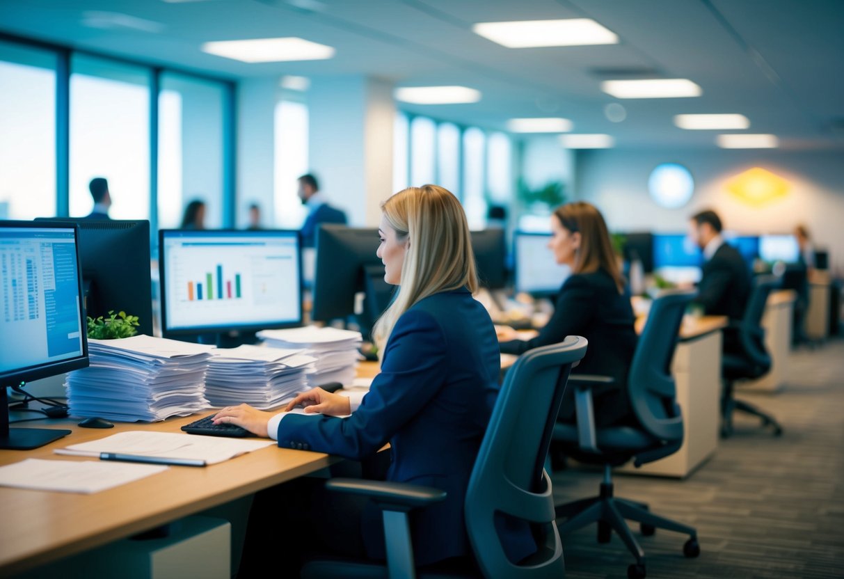 A bustling office with employees working at desks, a stack of papers, and a computer screen displaying financial data. A bank logo is visible in the background