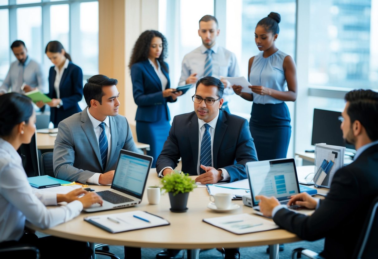 A bustling office with employees managing daily operations, while a financial advisor discusses working capital financing with the business owner