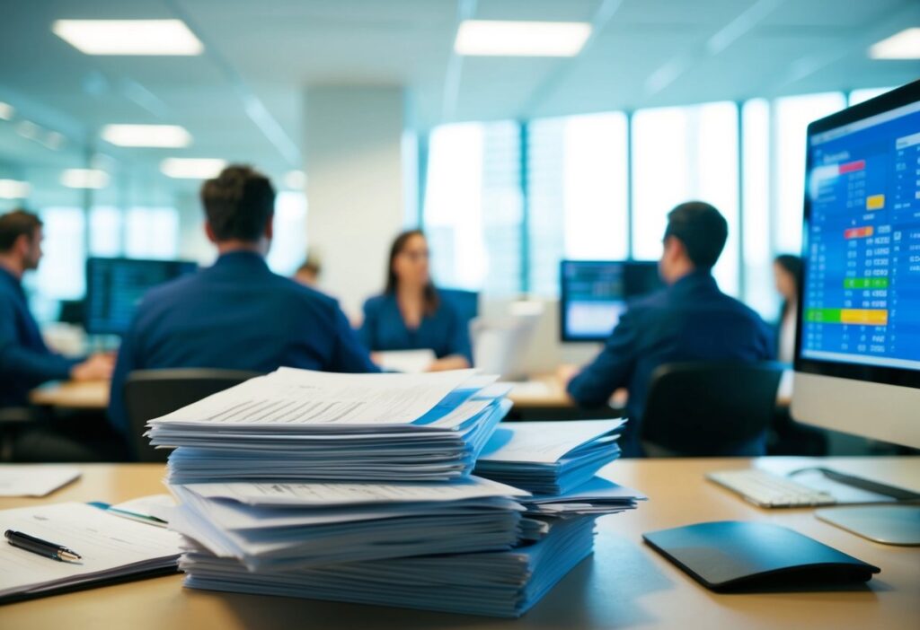 A bustling office with employees managing inventory, accounts, and cash flow. A stack of paperwork sits on a desk, while a computer screen displays financial data