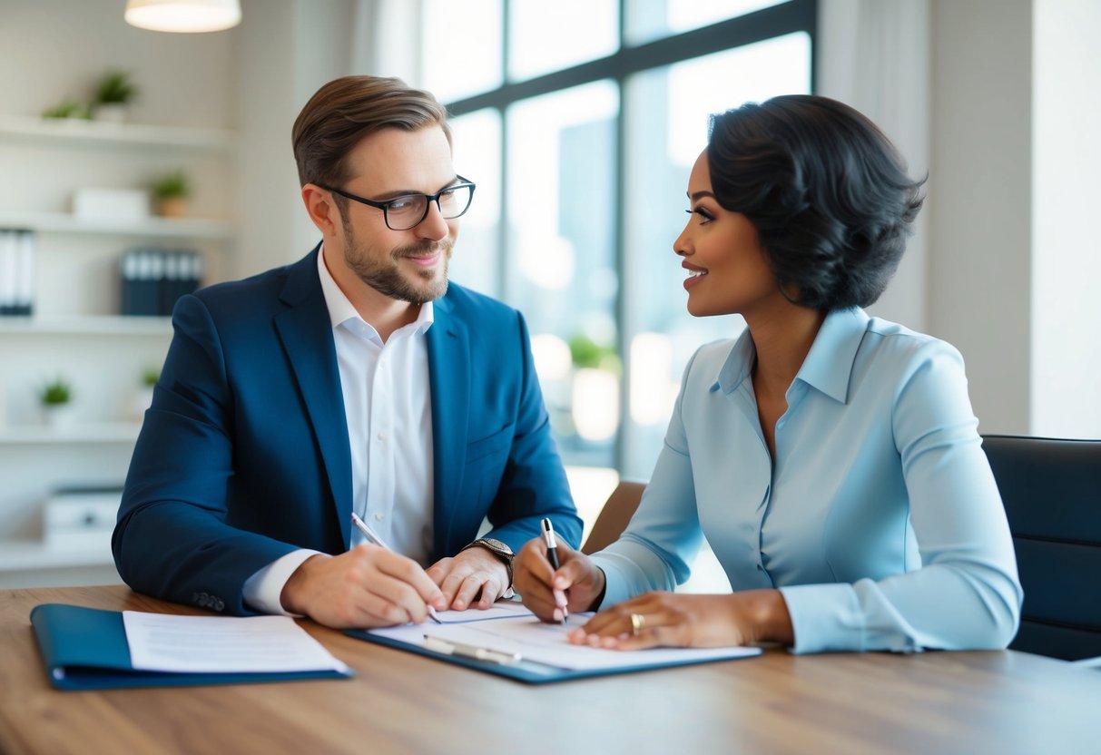 A small business owner meeting with a bank representative, discussing loan terms and filling out paperwork