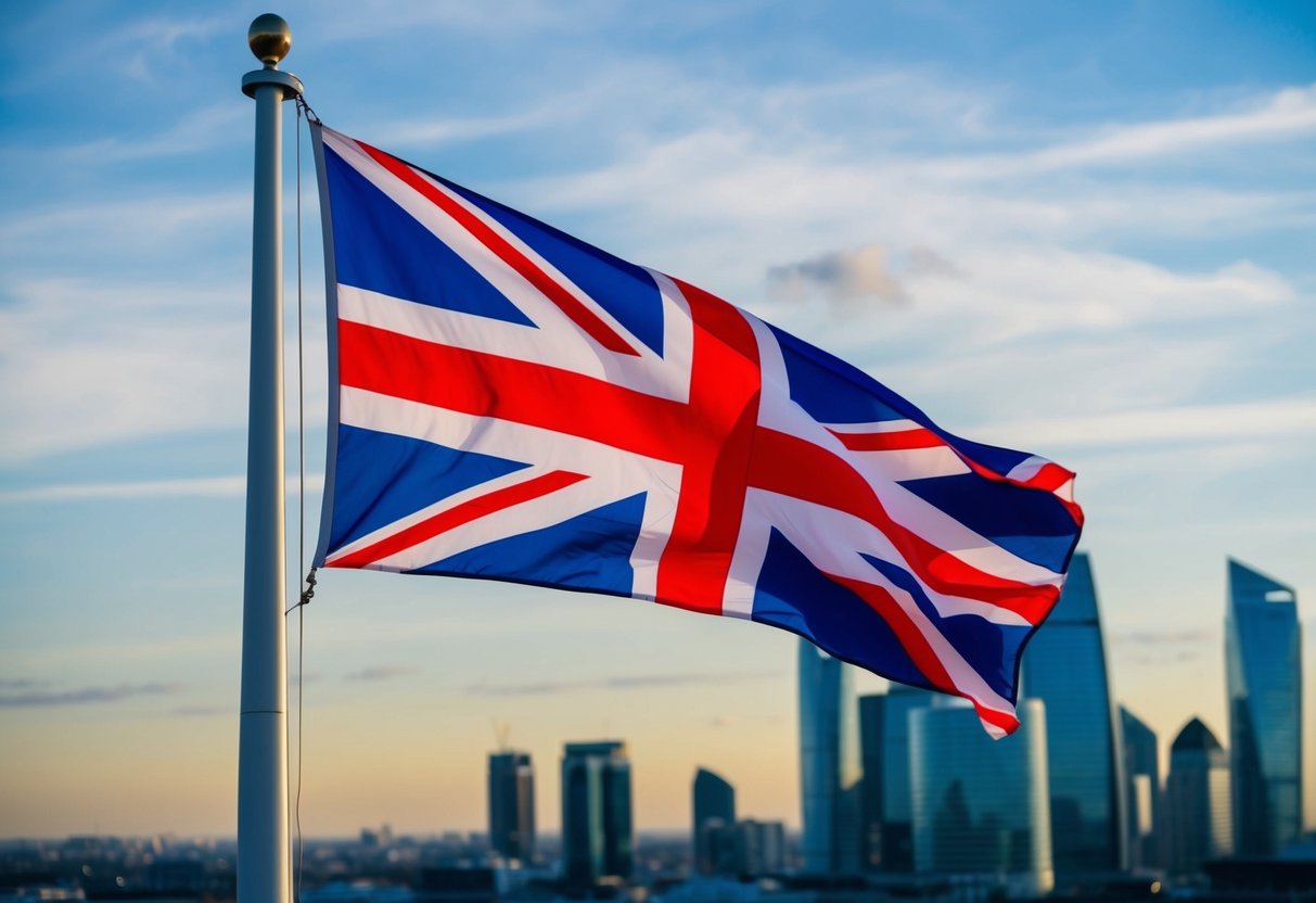 A British flag waving in the wind against a backdrop of a modern city skyline with a bank building prominent in the foreground