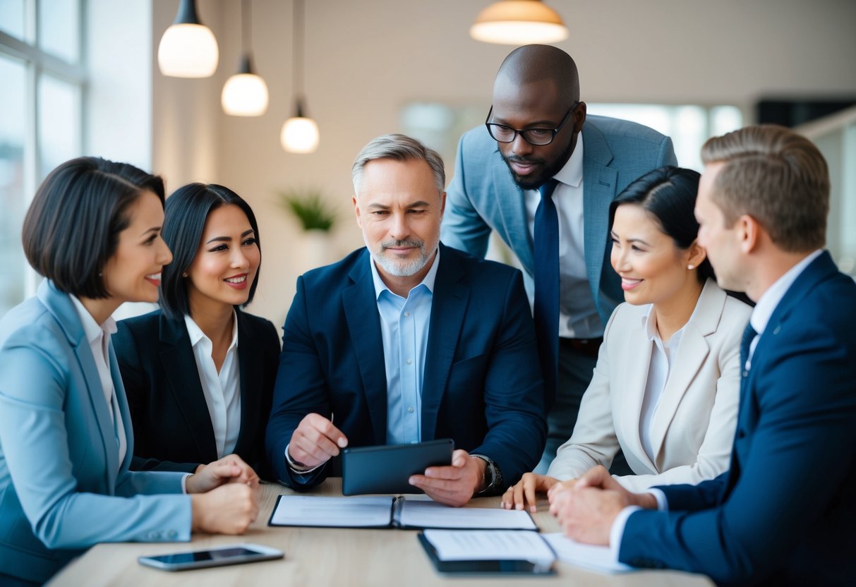 A group of business owners discussing loan eligibility with a representative from the Small Business Administration in the UK