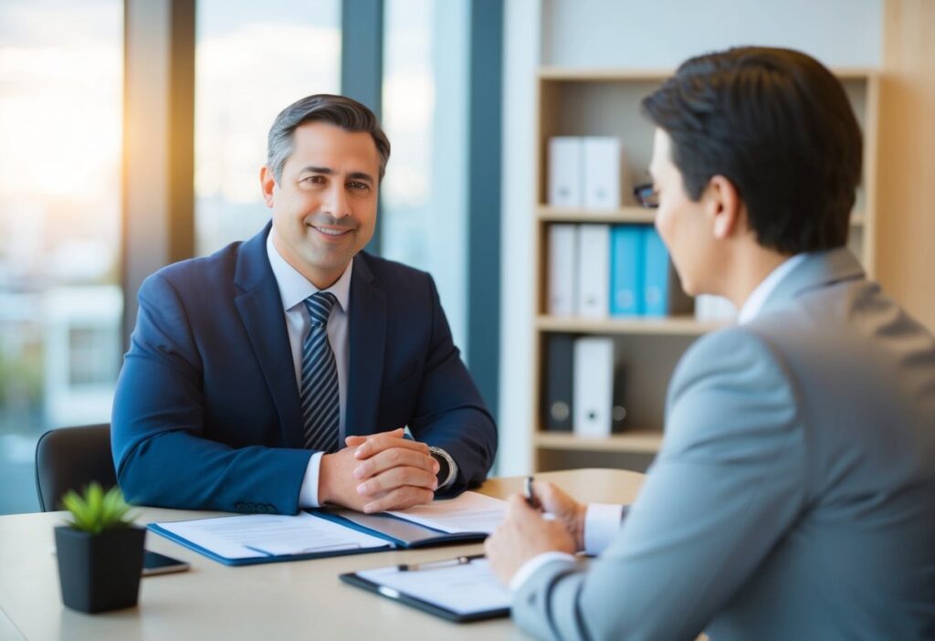 A business owner meeting with a lender to discuss SBA loan options and their potential uses for funding