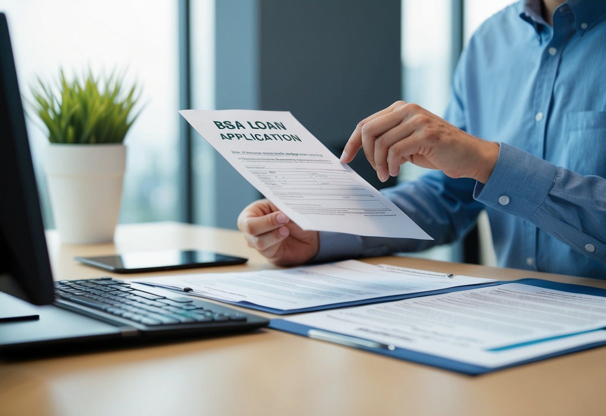 A person reviews SBA loan application forms at a desk with a computer and paperwork spread out