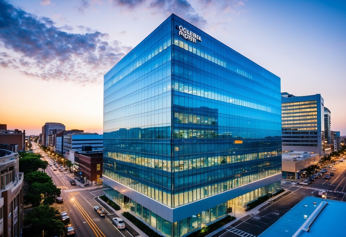 A modern office building with a sleek glass façade, surrounded by bustling city streets and other commercial properties