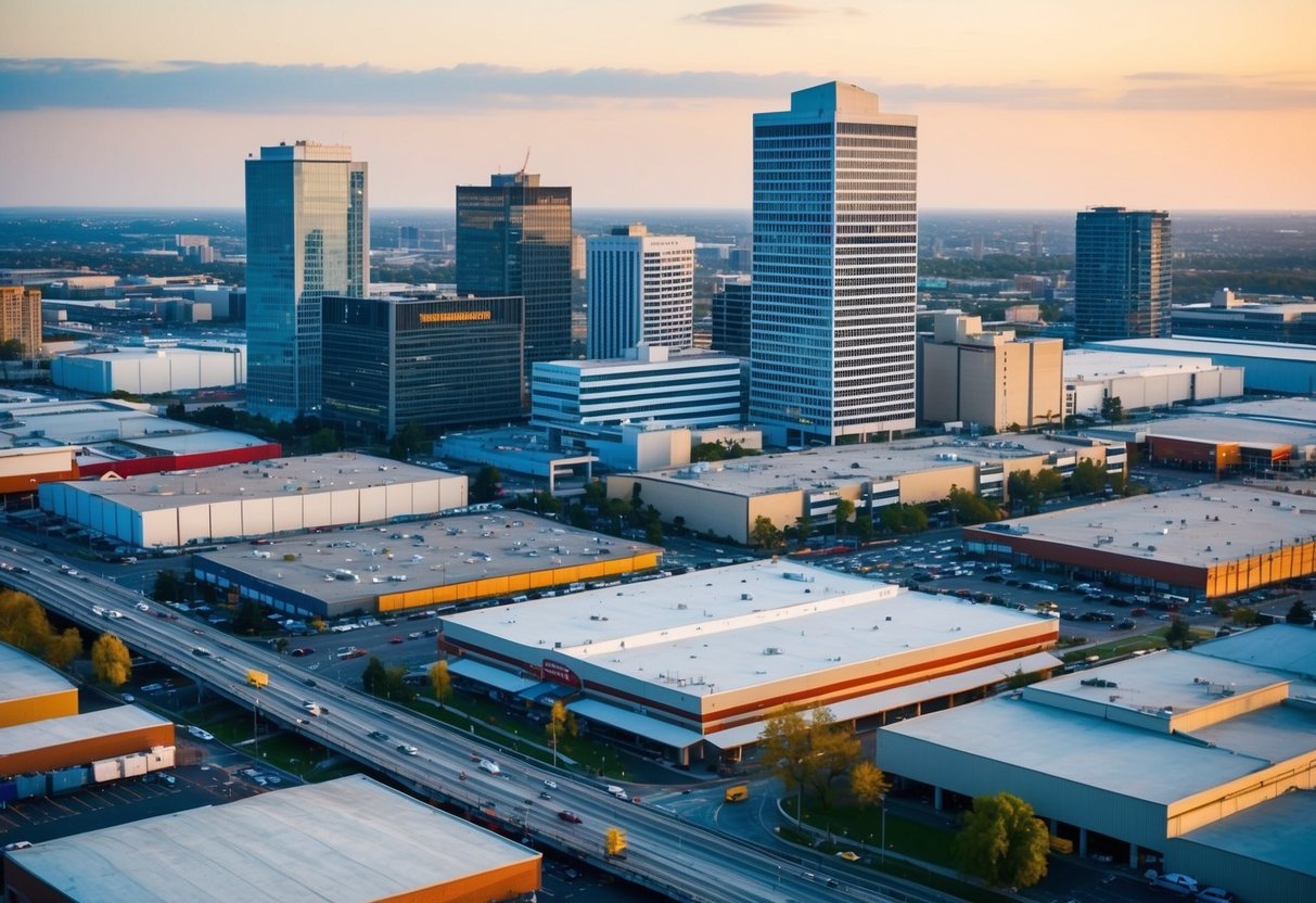 A bustling city skyline with various commercial properties, including office buildings, retail spaces, and industrial warehouses, surrounded by busy streets and traffic