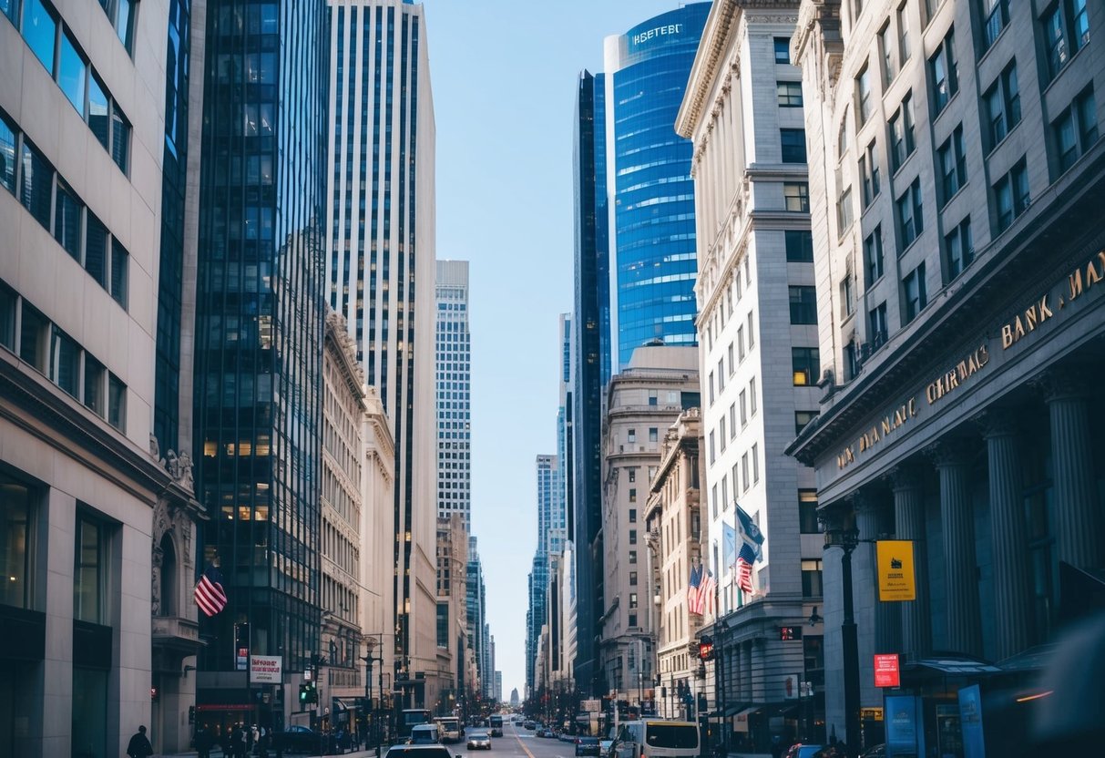 A bustling city street with tall office buildings and banks, with a mix of modern and historic architecture. A clear focus on the financial district, with signs of commerce and business activity