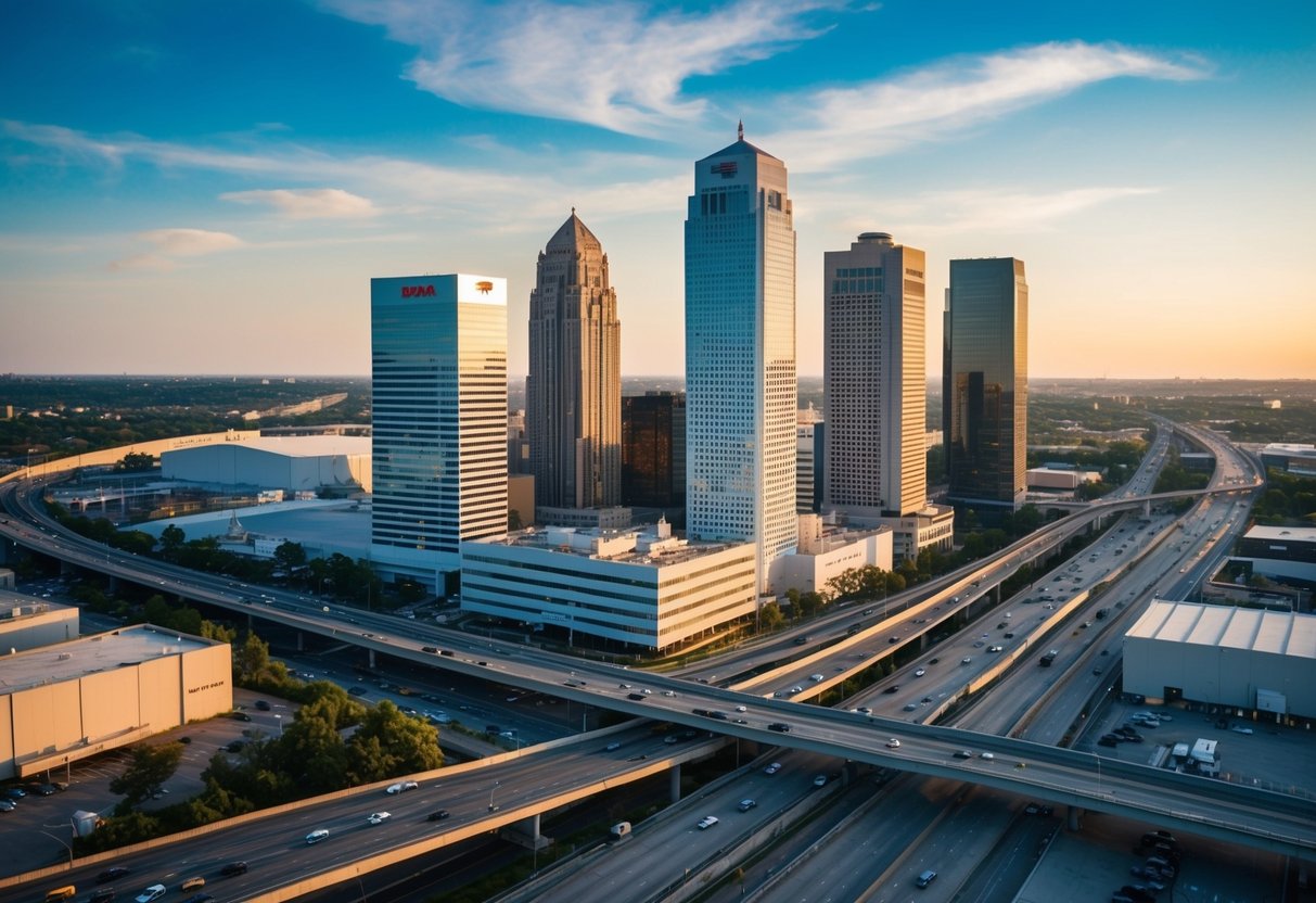 A bustling city skyline with various commercial buildings, including office towers, retail spaces, and industrial complexes, surrounded by busy streets and highways
