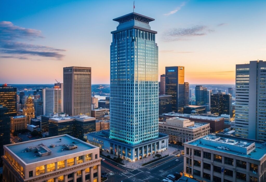 A bustling financial district with a towering office building, surrounded by smaller businesses seeking investment