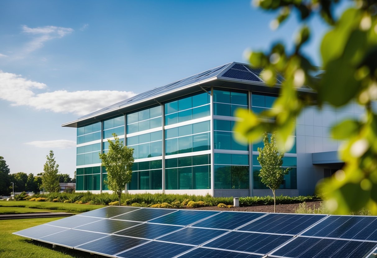 A modern office building with solar panels, greenery, and eco-friendly features