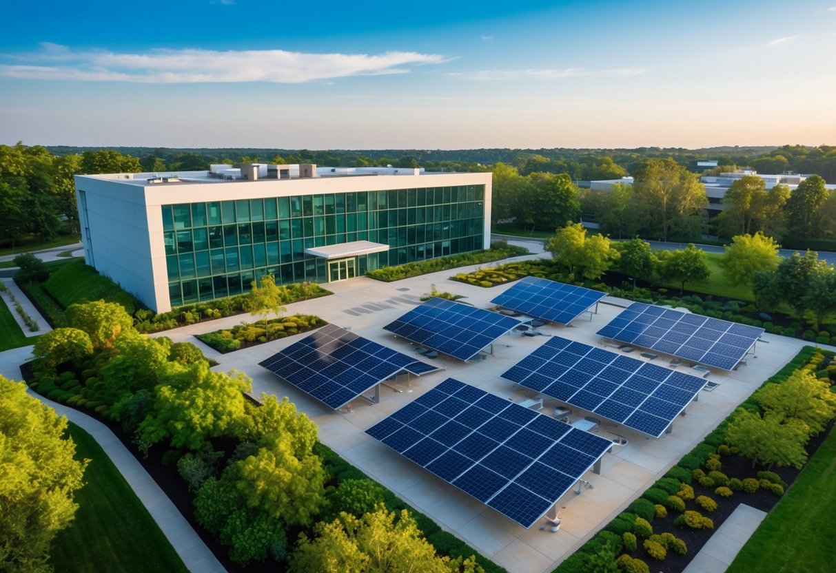 A modern office building surrounded by lush green landscaping and solar panels on the roof, with a clear focus on sustainability and eco-friendly features