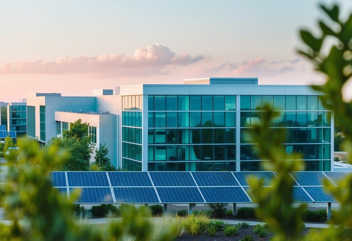 A modern office building with solar panels, greenery, and energy-efficient features