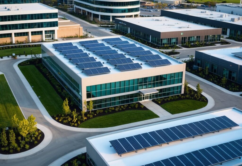 A modern office building with solar panels on the roof, energy-efficient windows, and green landscaping surrounded by other sustainable commercial properties