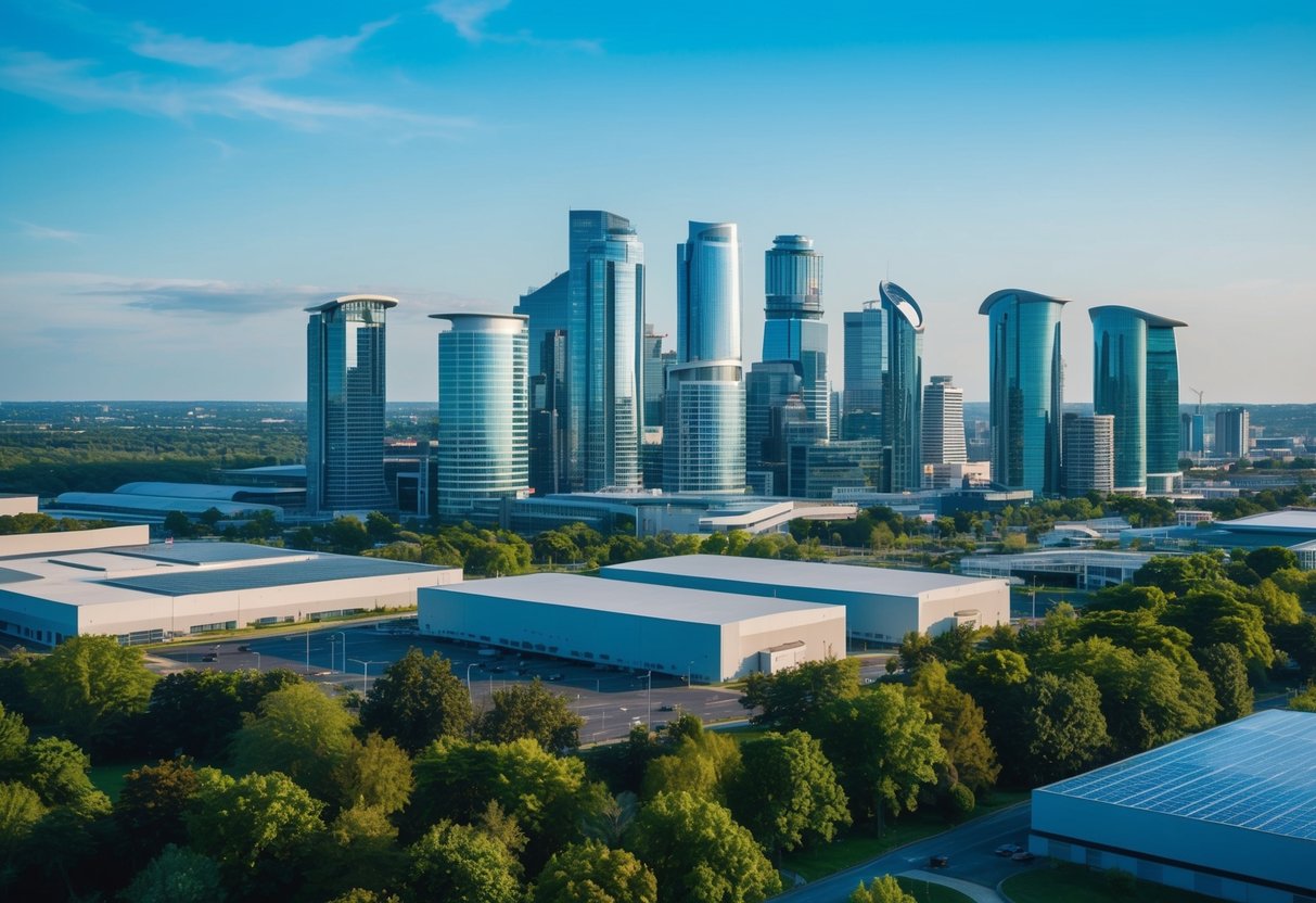 A bustling city skyline with modern, eco-friendly commercial buildings and renewable energy sources, surrounded by lush greenery and clear blue skies