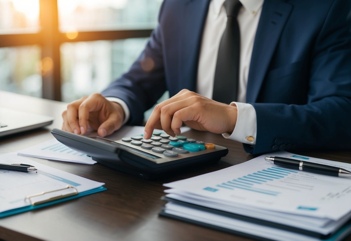 A person sits at a desk with a commercial mortgage calculator and a stack of papers, ready to input data and calculate financial figures