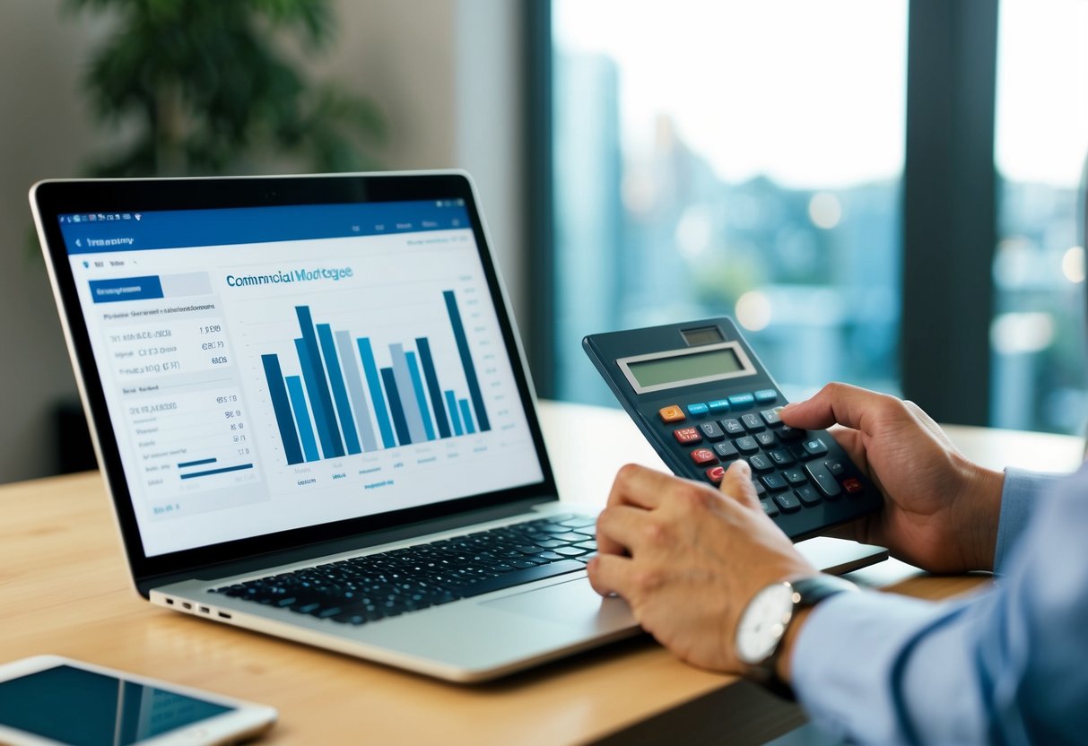 A person using a laptop to research commercial mortgage options and rates while using a calculator