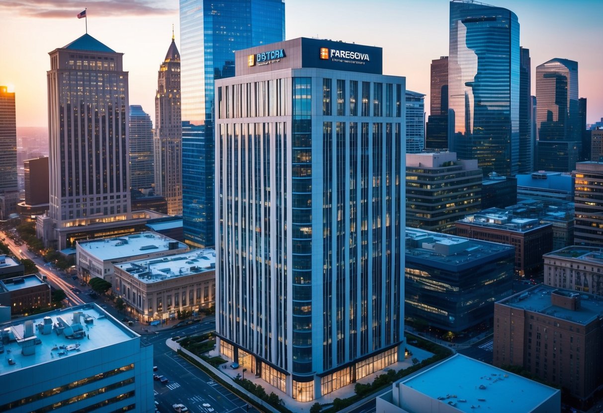 A modern office building surrounded by a bustling financial district, with a mix of skyscrapers and smaller businesses in the background