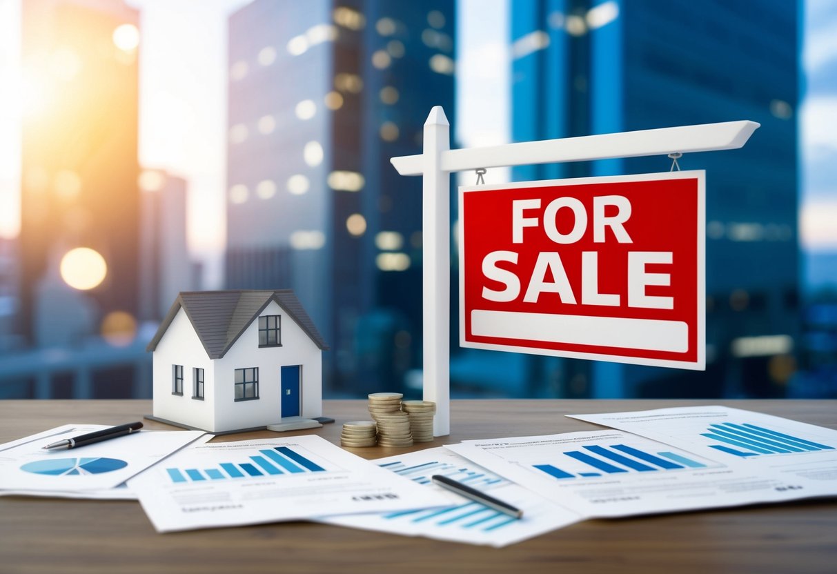 A commercial property with a "For Sale" sign in front, surrounded by financial documents and charts