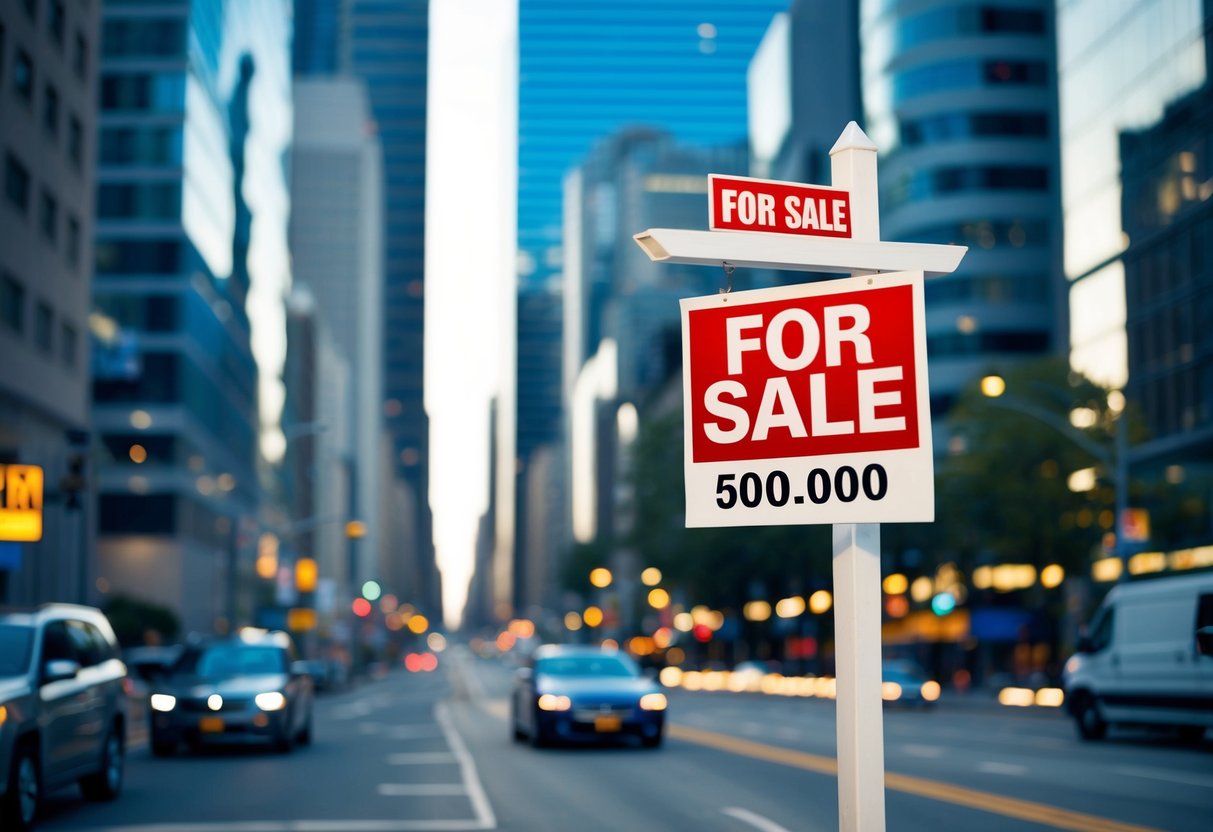 A commercial property with a "For Sale" sign out front, surrounded by bustling city streets and tall office buildings