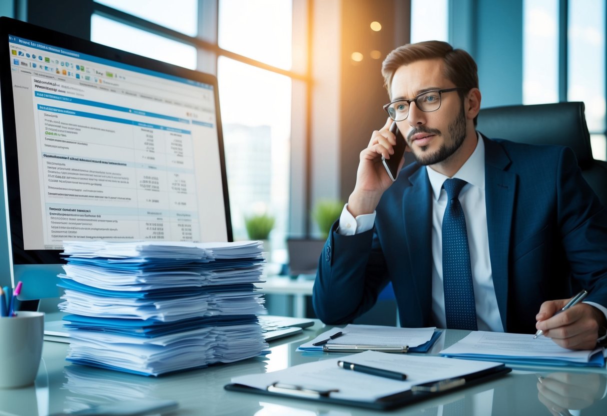 A busy office with a stack of legal documents, a computer displaying financial data, and a person on the phone discussing commercial refinancing