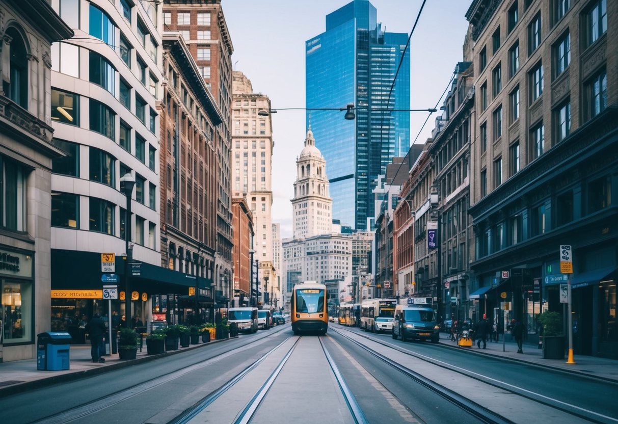 A bustling city street with a mix of modern and historic buildings, accessible by public transportation and surrounded by a variety of businesses