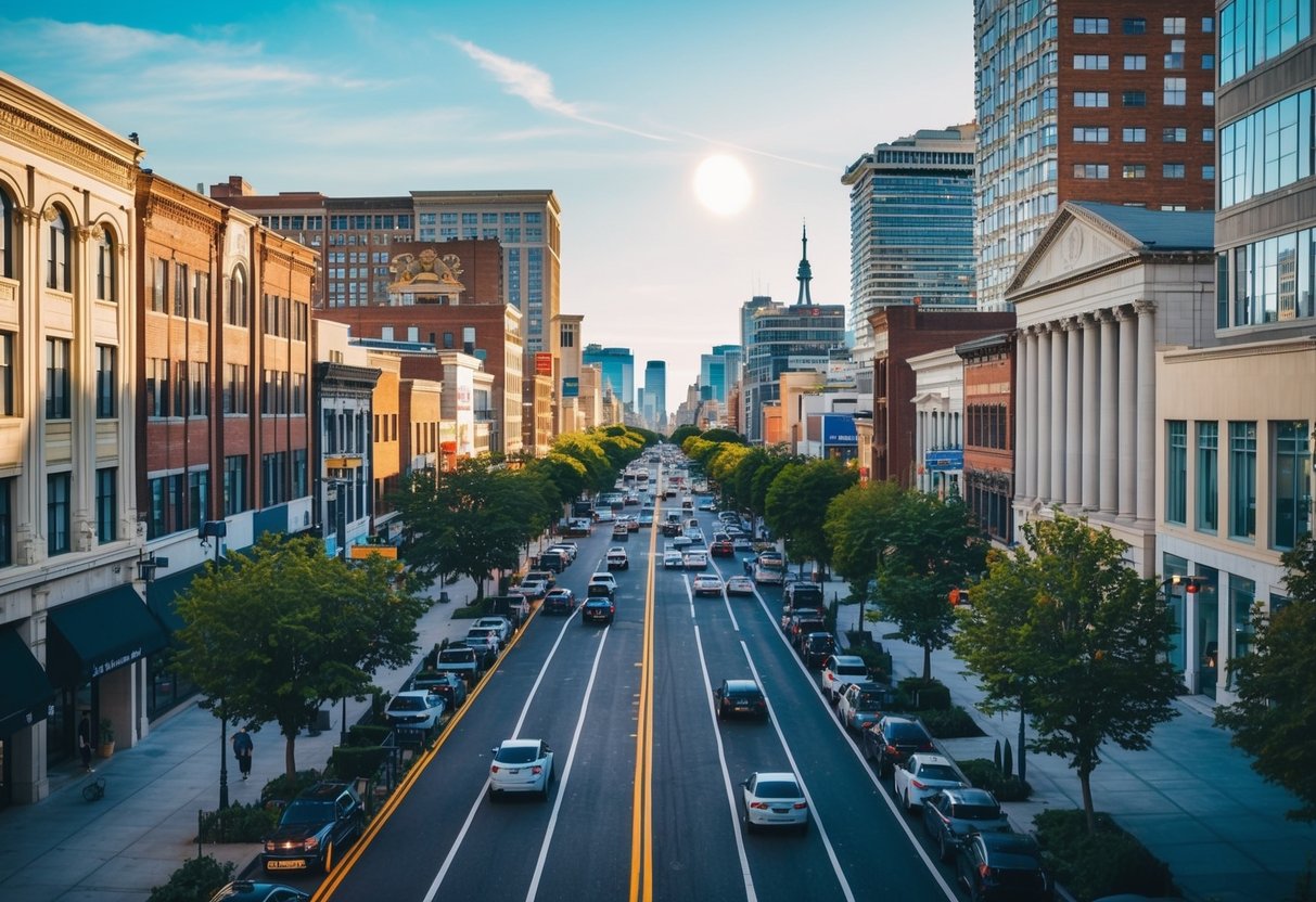 A bustling city street lined with diverse buildings, surrounded by a mix of residential and business areas, with visible signs of economic activity and demographic diversity