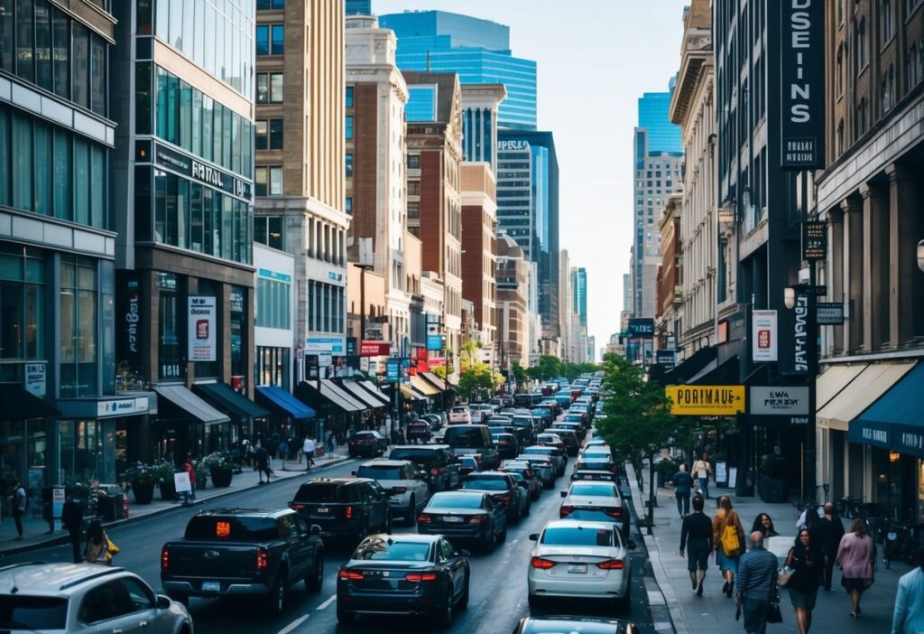 A bustling city street lined with diverse commercial buildings, showcasing a mix of retail, office, and dining establishments, with high foot traffic and visible signage