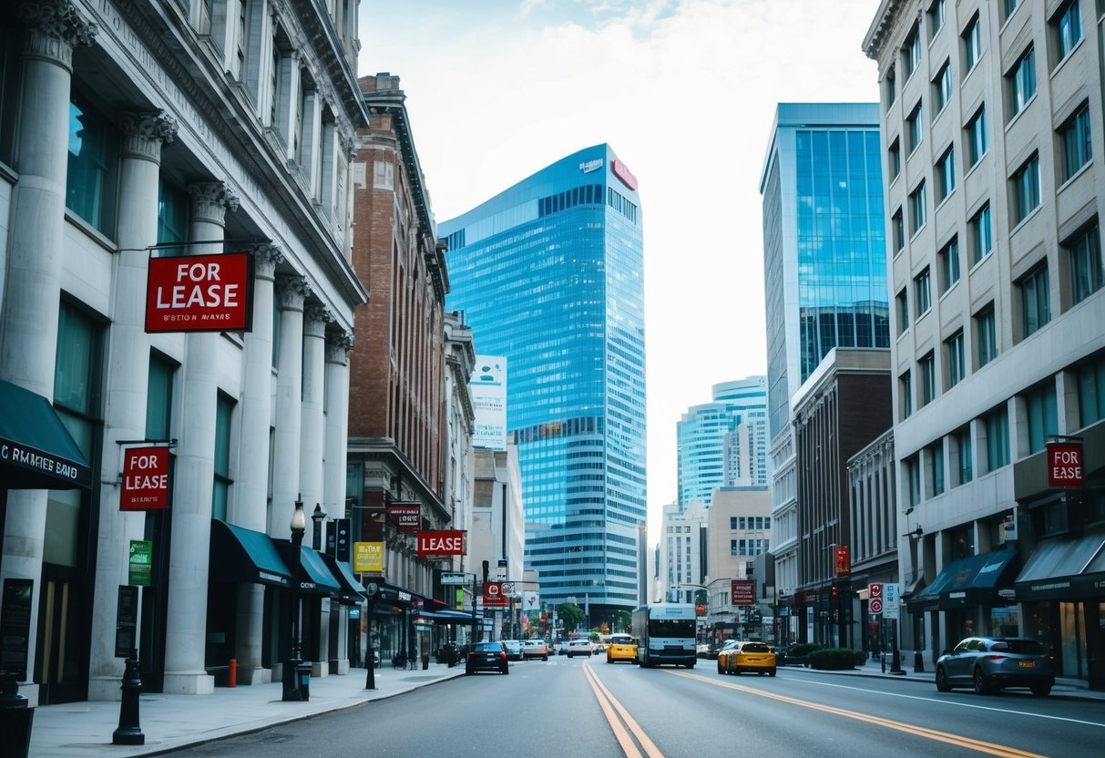 A bustling city street with prominent commercial buildings and "For Lease" signs, surrounded by banks and financial institutions
