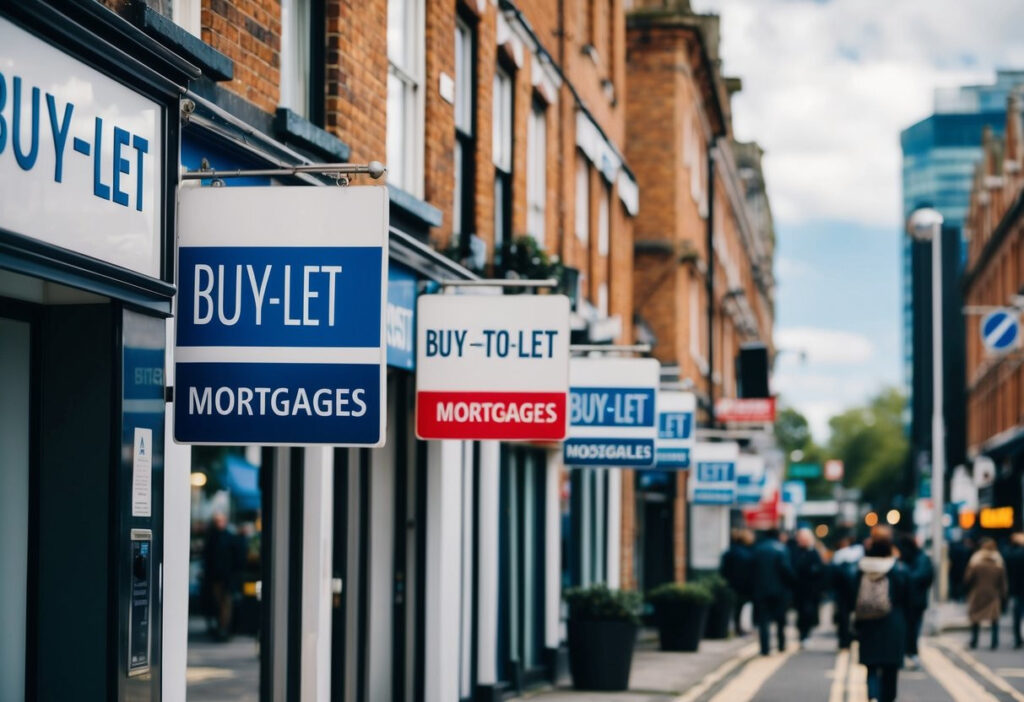 A row of UK commercial properties with "Commercial BTL Mortgages" signage, surrounded by bustling city activity