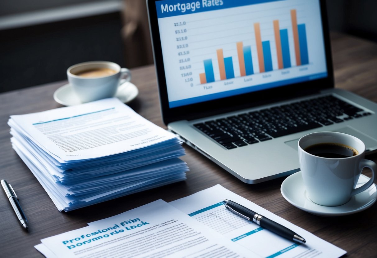 A stack of documents and a laptop on a desk, with a cup of coffee and a pen nearby. A chart of rates for commarcial BTL mortgages is displayed on the computer screen