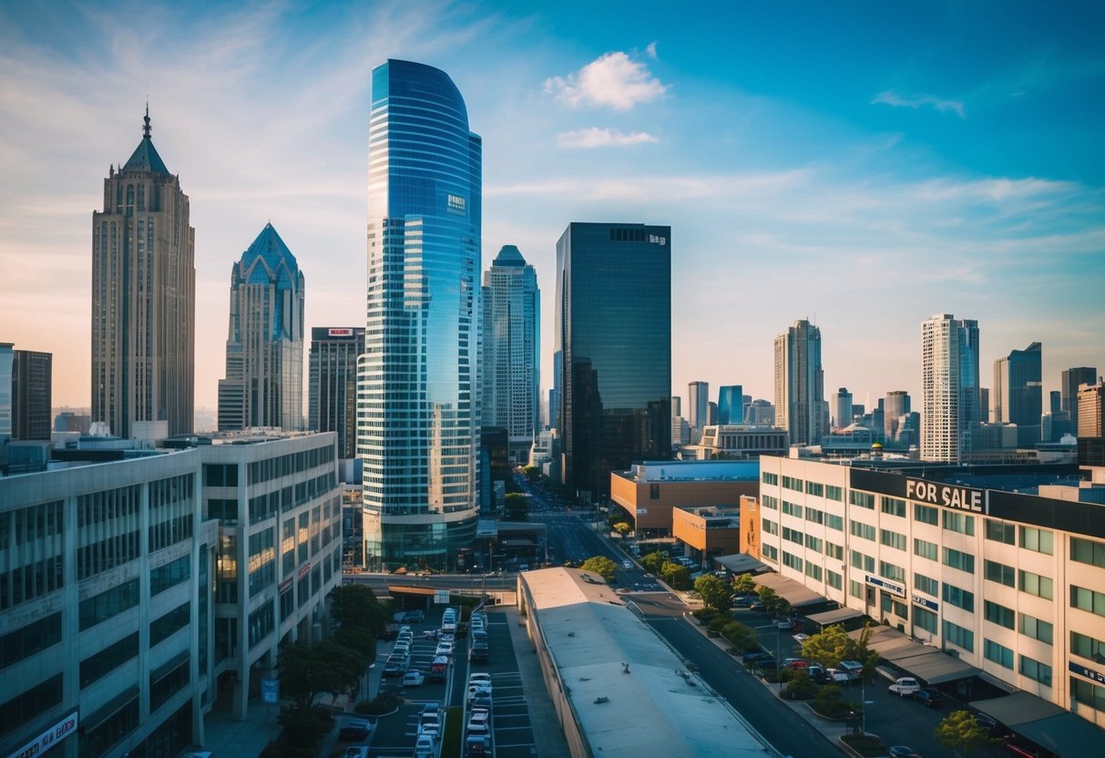 A bustling cityscape with skyscrapers and office buildings, alongside a row of commercial properties with "For Sale" signs