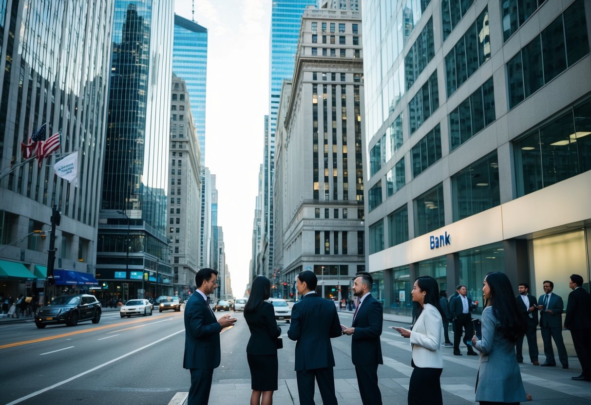 A bustling city street with skyscrapers and office buildings, a bank sign prominently displayed, and a group of people discussing financial matters