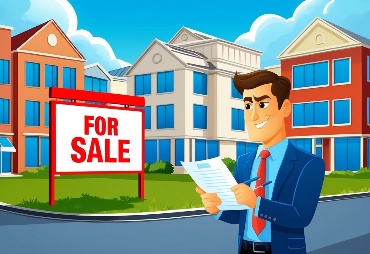 A group of business buildings with a large "For Sale" sign out front, as a businessman looks over paperwork with a determined expression