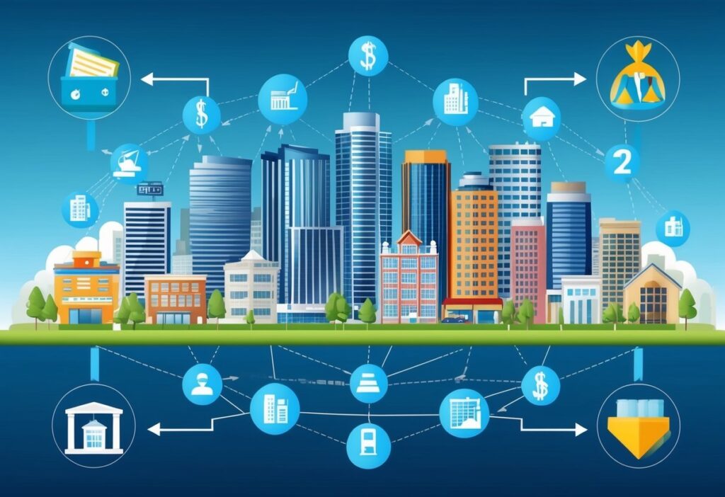 A bustling city skyline with various commercial buildings, each representing different industries, surrounded by a network of financial symbols and arrows indicating the flow of debt refinancing strategies