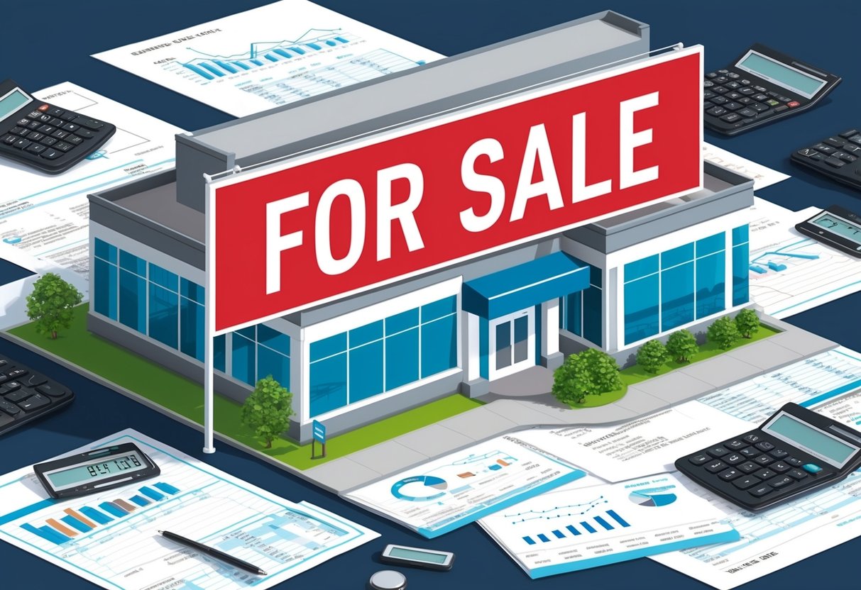 A commercial building with a large "For Sale" sign out front, surrounded by financial documents and calculators