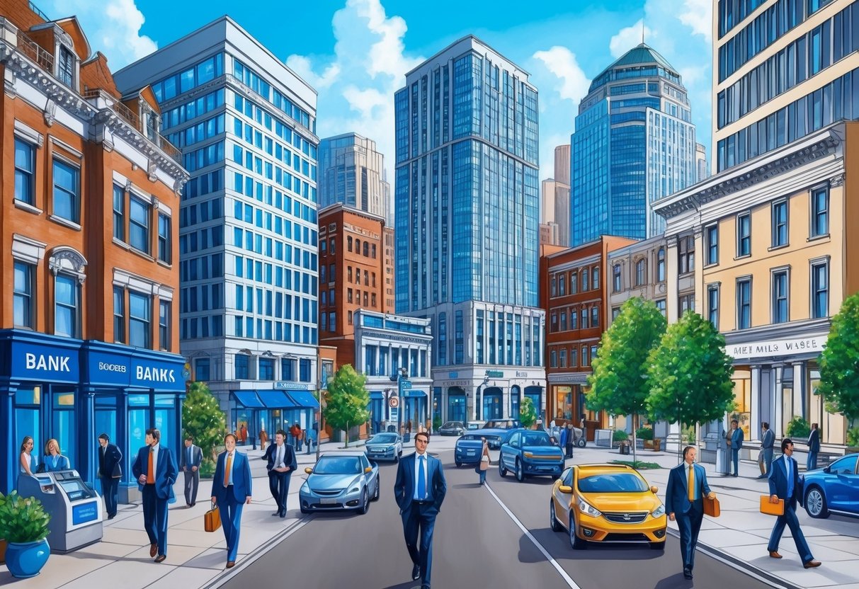 A bustling commercial district with various businesses, banks, and financial institutions. A mix of modern skyscrapers and historic buildings. Busy professionals going in and out of offices